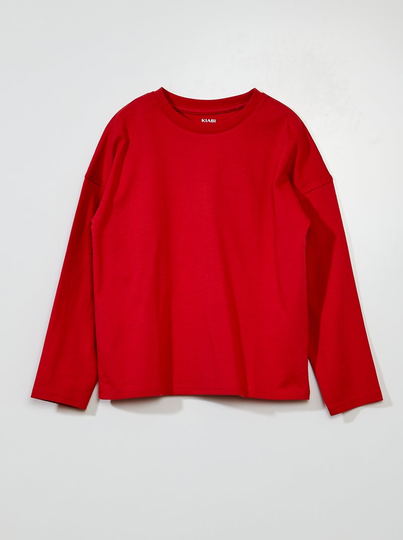 T-shirt en jersey uni à manches longues rouge framboise - Kiabi