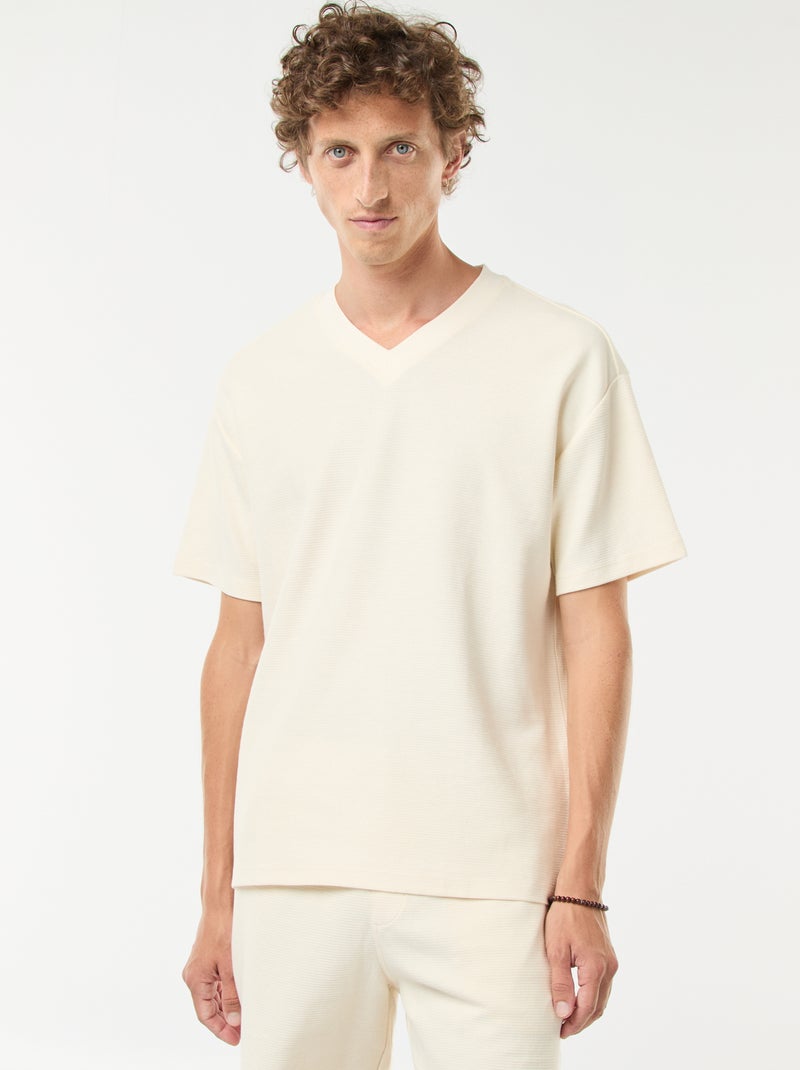 T-shirt en maille col V Beige - Kiabi