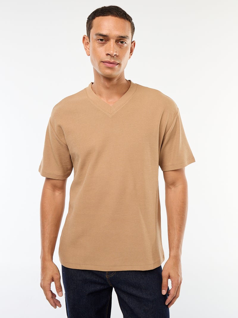 T-shirt en maille col V Beige - Kiabi
