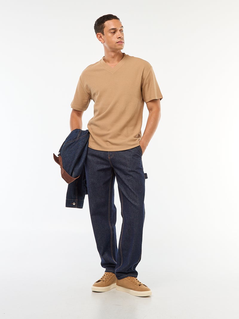 T-shirt en maille col V Beige - Kiabi