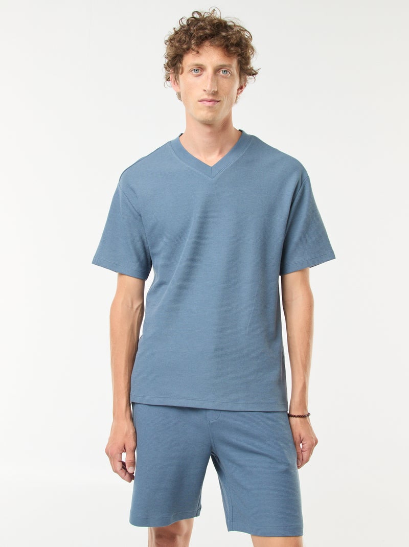 T-shirt en maille col V Bleu - Kiabi