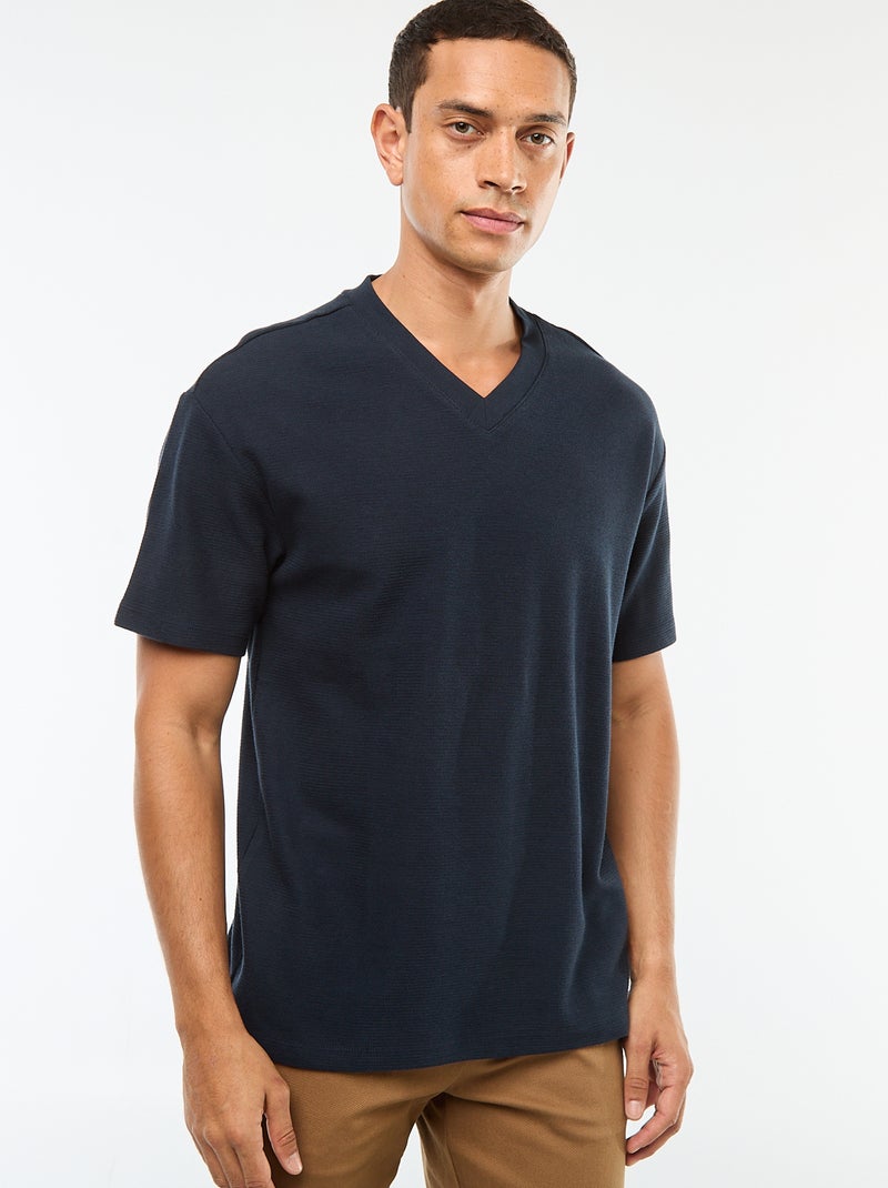 T-shirt en maille col V Bleu - Kiabi