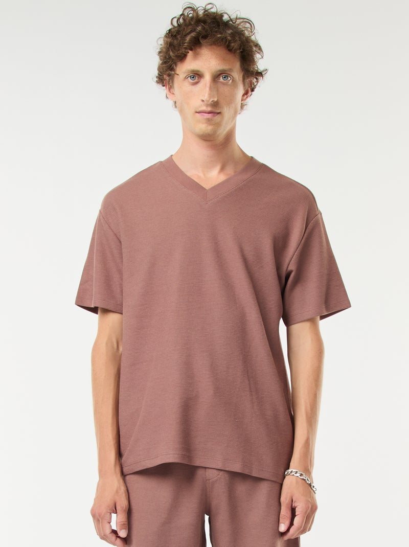 T-shirt en maille col V Marron - Kiabi