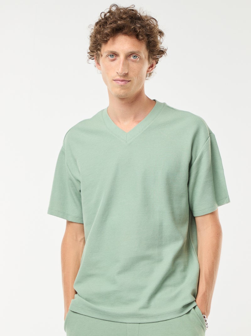 T-shirt en maille col V Vert - Kiabi