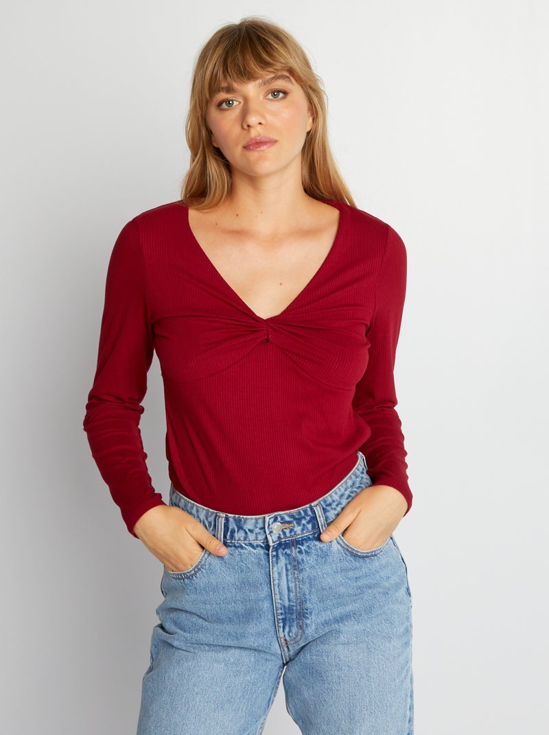 T-shirt en maille côtelée à manches longues Rouge - Kiabi