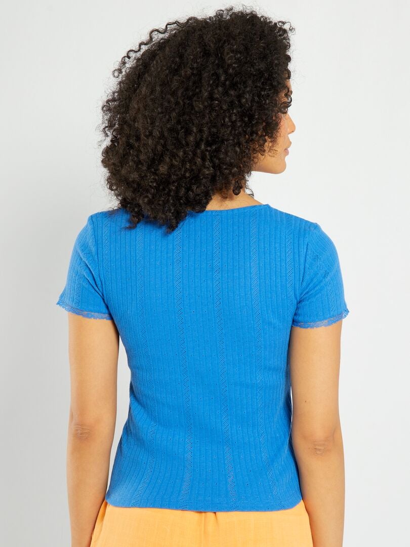 T-shirt en maille côtelée avec broderie Bleu - Kiabi