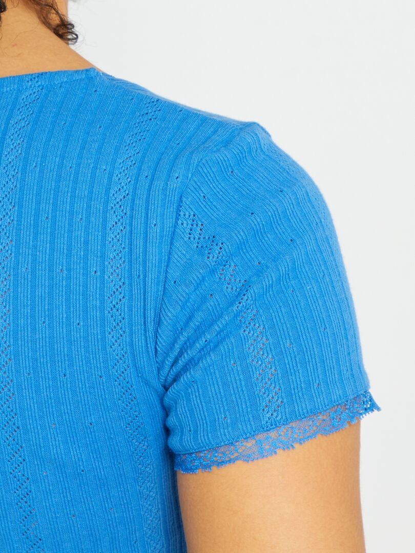 T-shirt en maille côtelée avec broderie Bleu - Kiabi