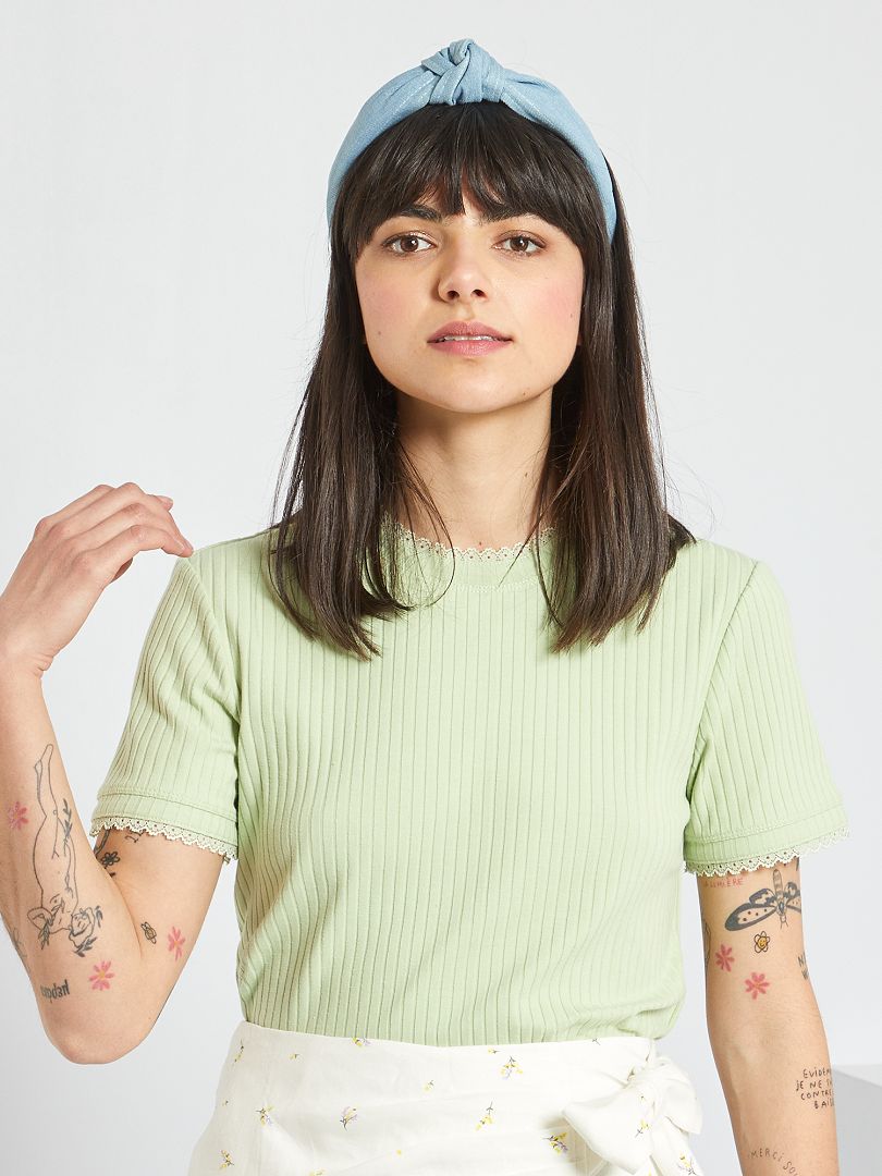 T-shirt en maille côtelée avec dentelle Vert - Kiabi