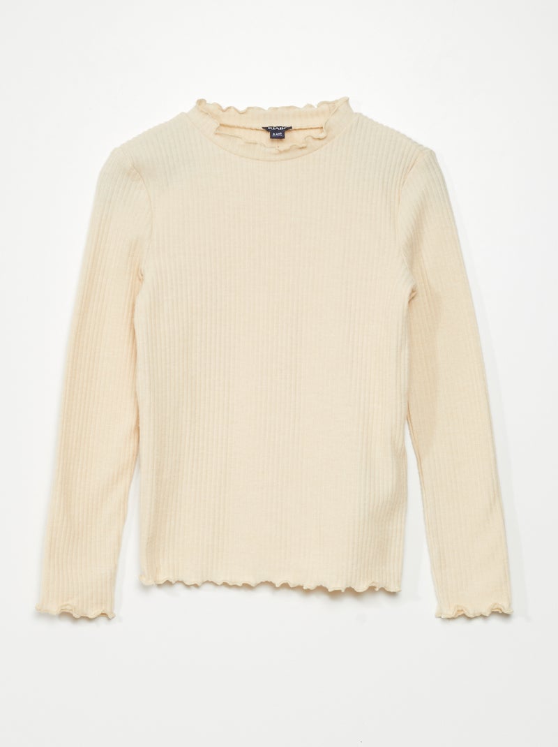 T-shirt en maille côtelée avec volants Beige - Kiabi