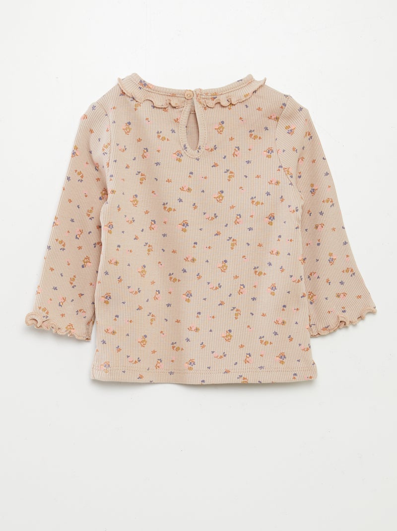 T-shirt en maille côtelée col volanté Beige fleur - Kiabi