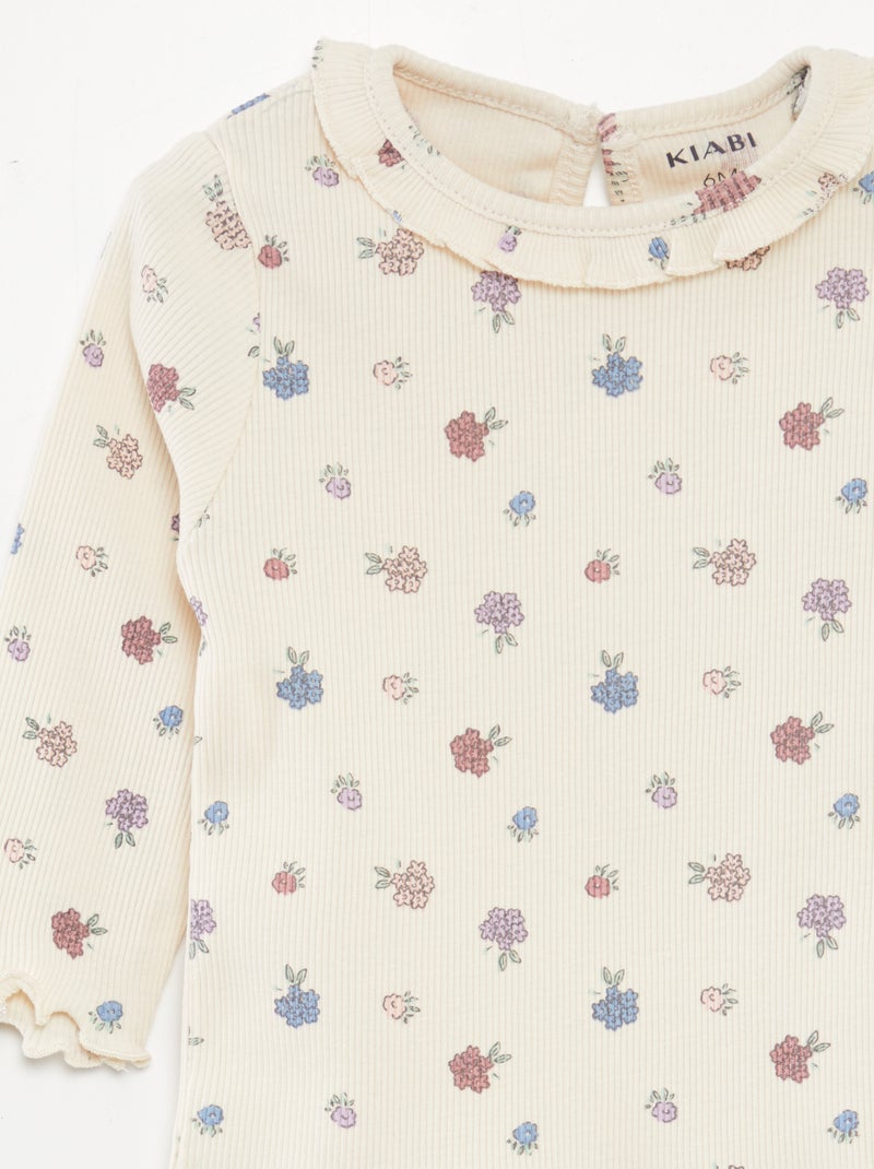 T-shirt en maille côtelée col volanté Blanc fleur - Kiabi
