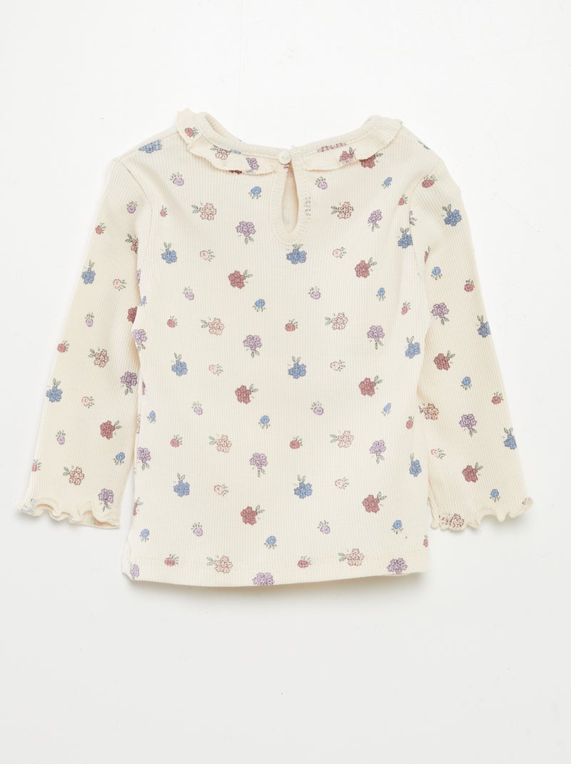 T-shirt en maille côtelée col volanté Blanc fleur - Kiabi