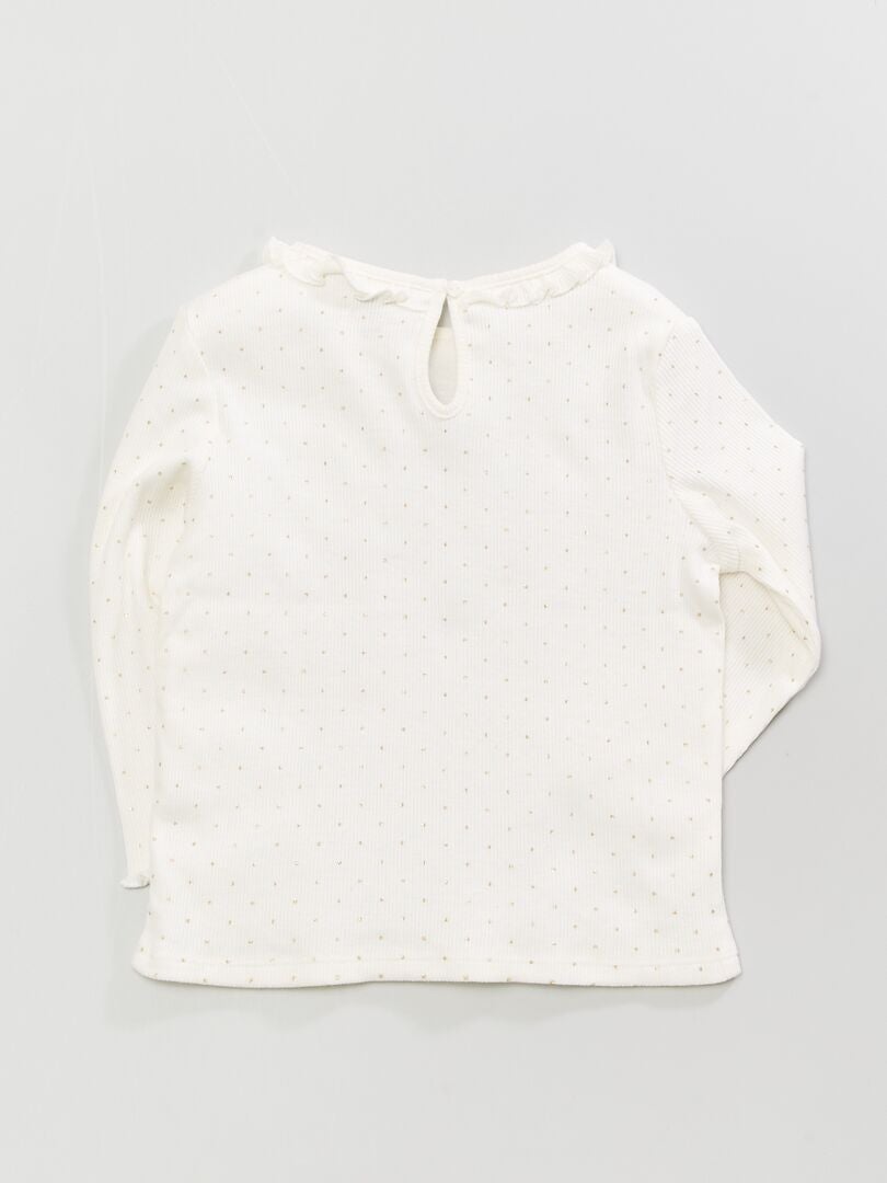 T-shirt en maille côtelée col volanté Blanc 'pois' - Kiabi