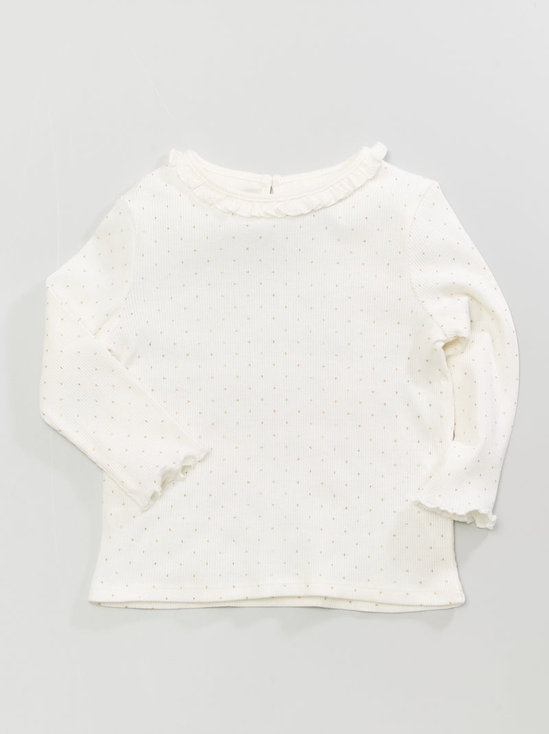 T-shirt en maille côtelée col volanté Blanc 'pois' - Kiabi