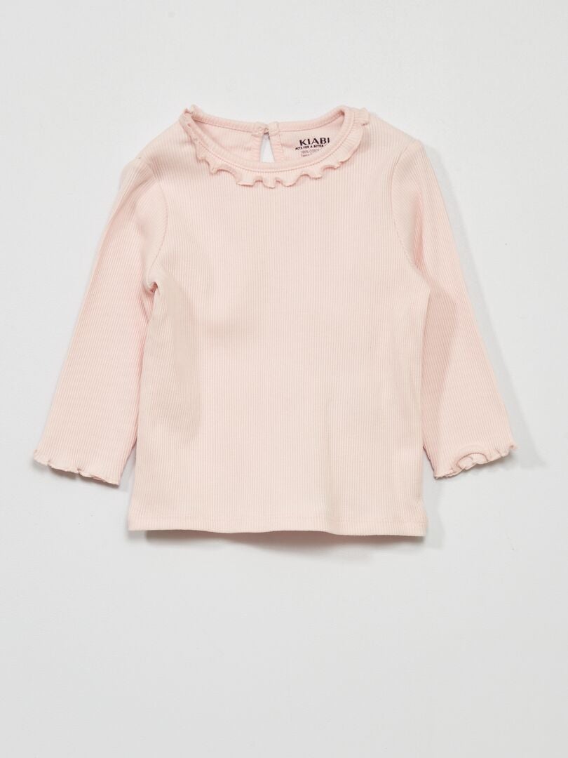 T-shirt en maille côtelée col volanté rose clair - Kiabi