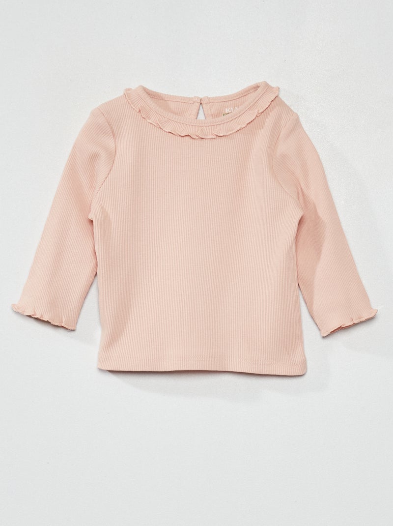 T-shirt en maille côtelée col volanté Rose - Kiabi
