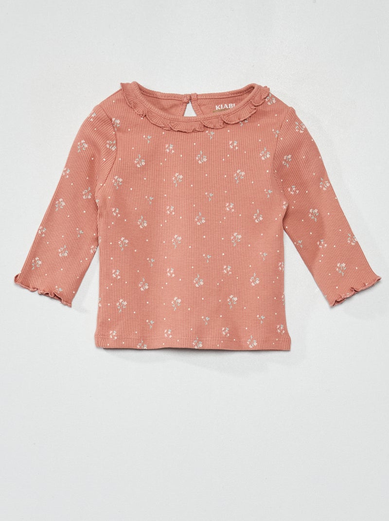 T-shirt en maille côtelée col volanté Rose - Kiabi