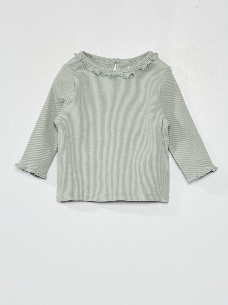 T-shirt en maille côtelée col volanté Vert d'eau - Kiabi