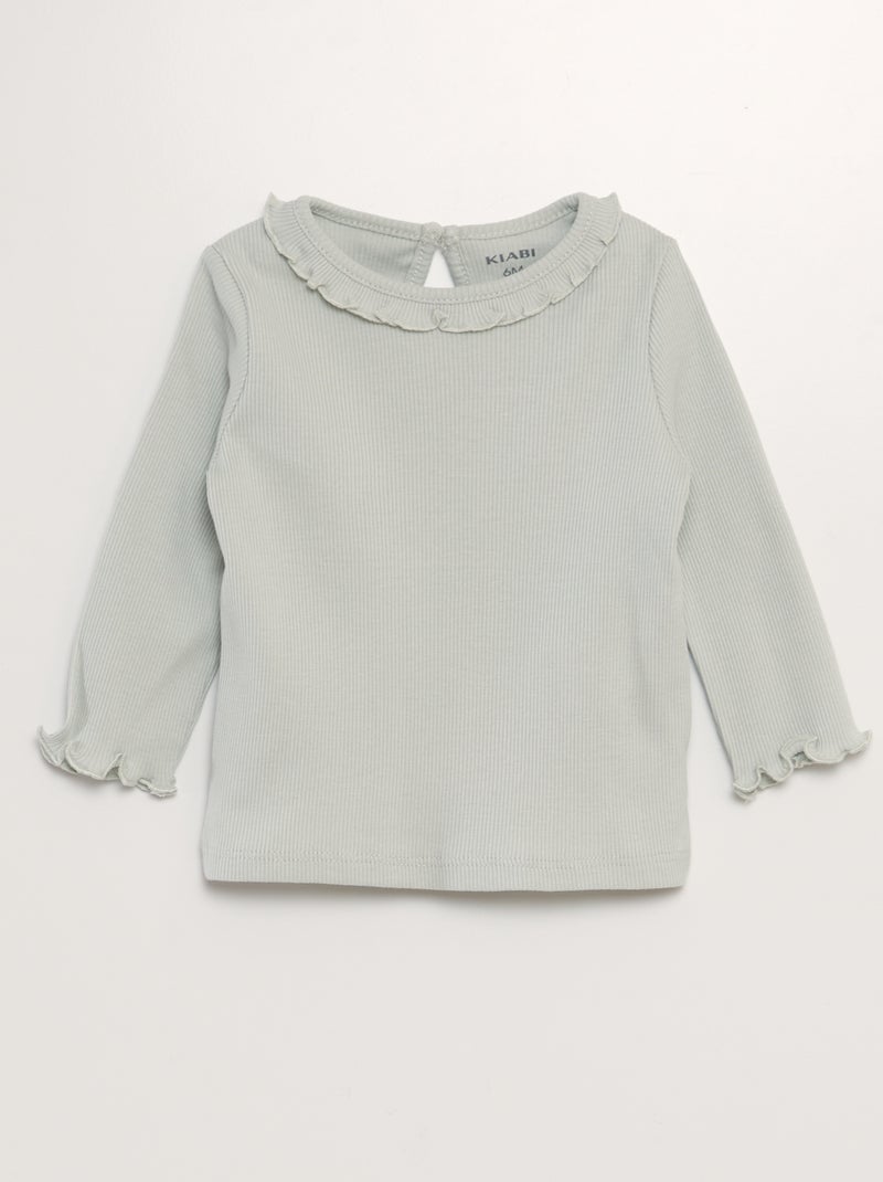 T-shirt en maille côtelée col volanté VERT - Kiabi
