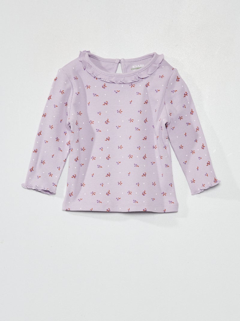 T-shirt en maille côtelée col volanté Violet - Kiabi