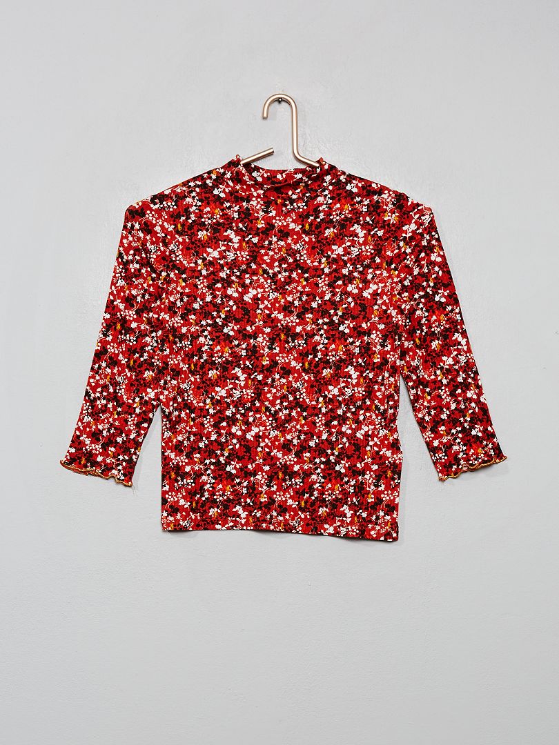 T-shirt en maille côtelée rouge fleurs - Kiabi