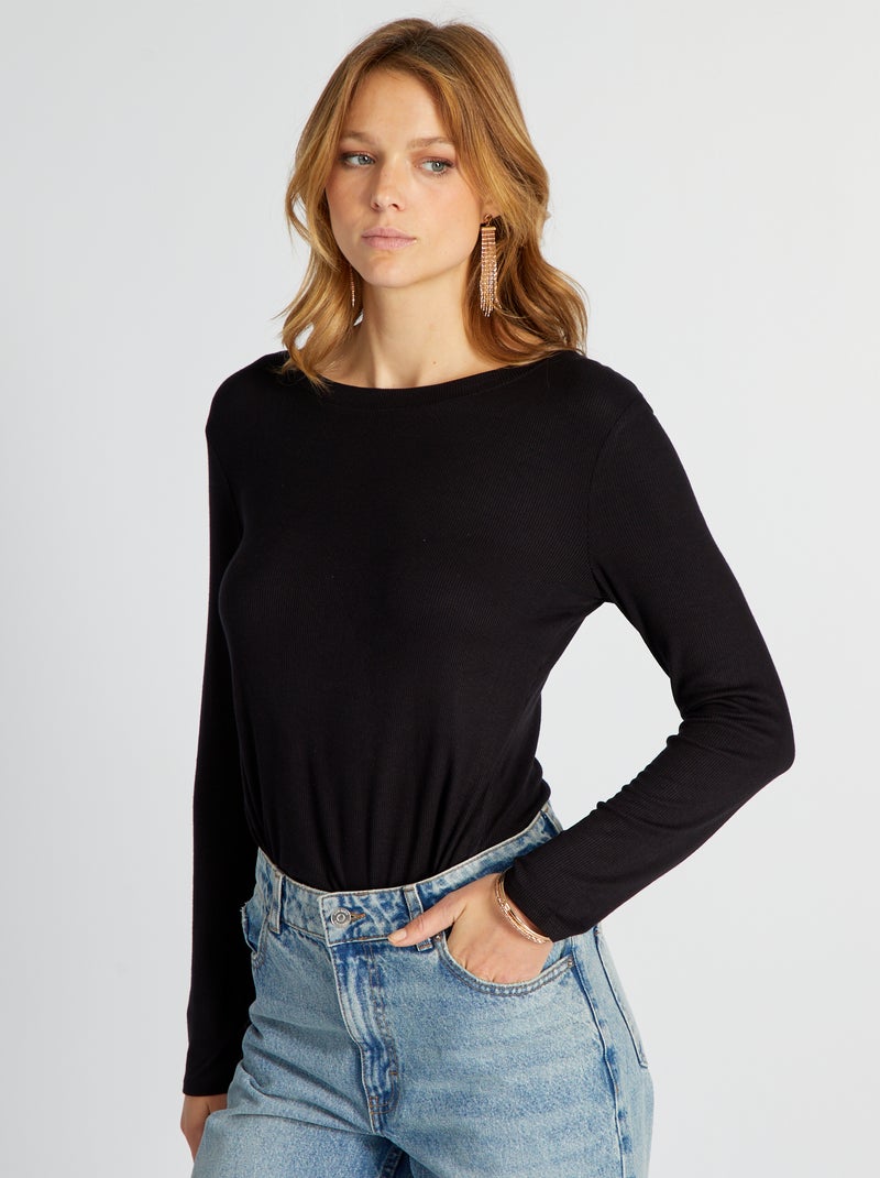 T-shirt en maille côtelée stretch noir - Kiabi