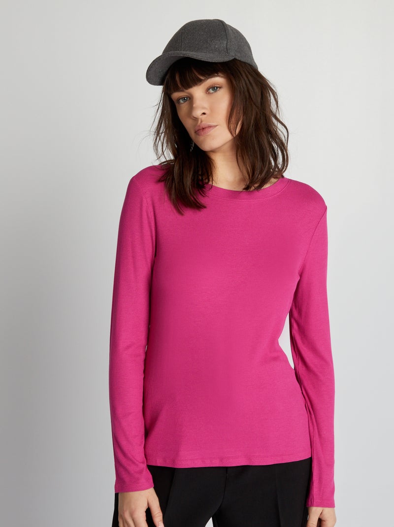 T-shirt en maille côtelée stretch Rose - Kiabi