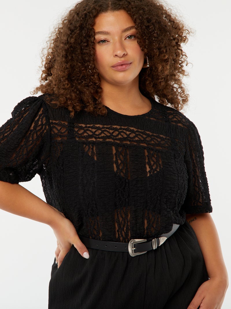 T-shirt en maille dentelée à manches courtes noir - Kiabi