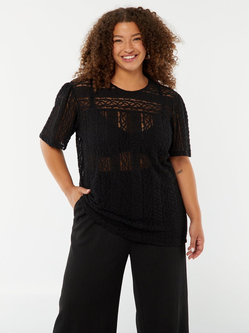 T-shirt en maille dentelée à manches courtes noir - Kiabi