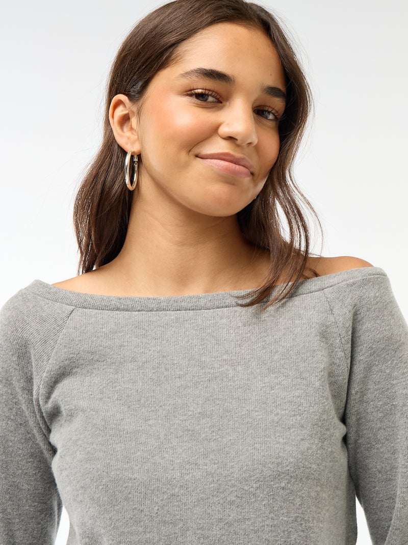 T-shirt en maille doudou avec col bardot Gris - Kiabi