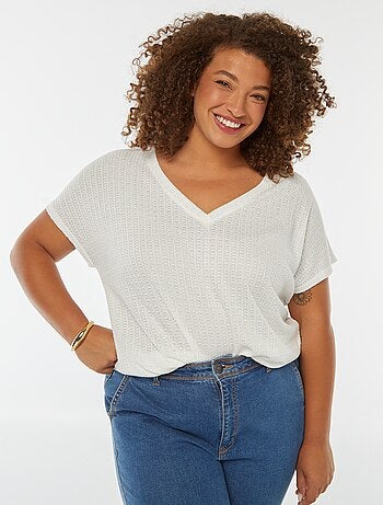 T-shirt en maille gaufrée et ajourée à manches courtes