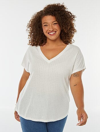 T-shirt en maille gaufrée et ajourée à manches courtes