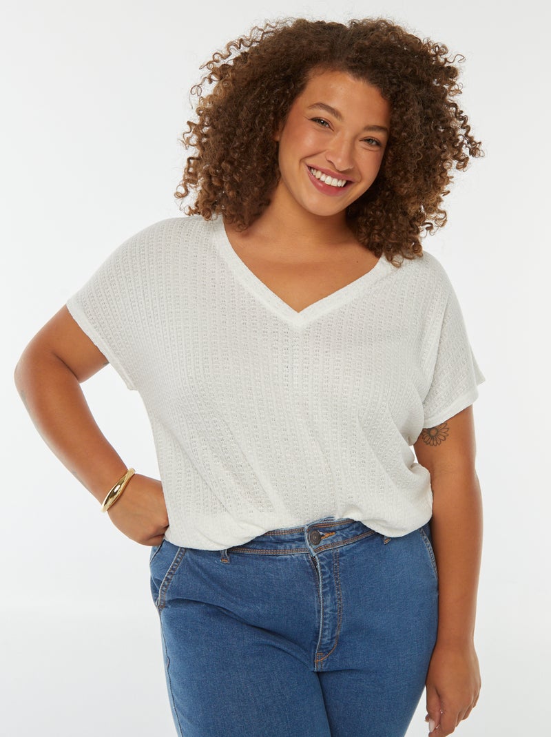 T-shirt en maille gaufrée et ajourée à manches courtes blanc - Kiabi