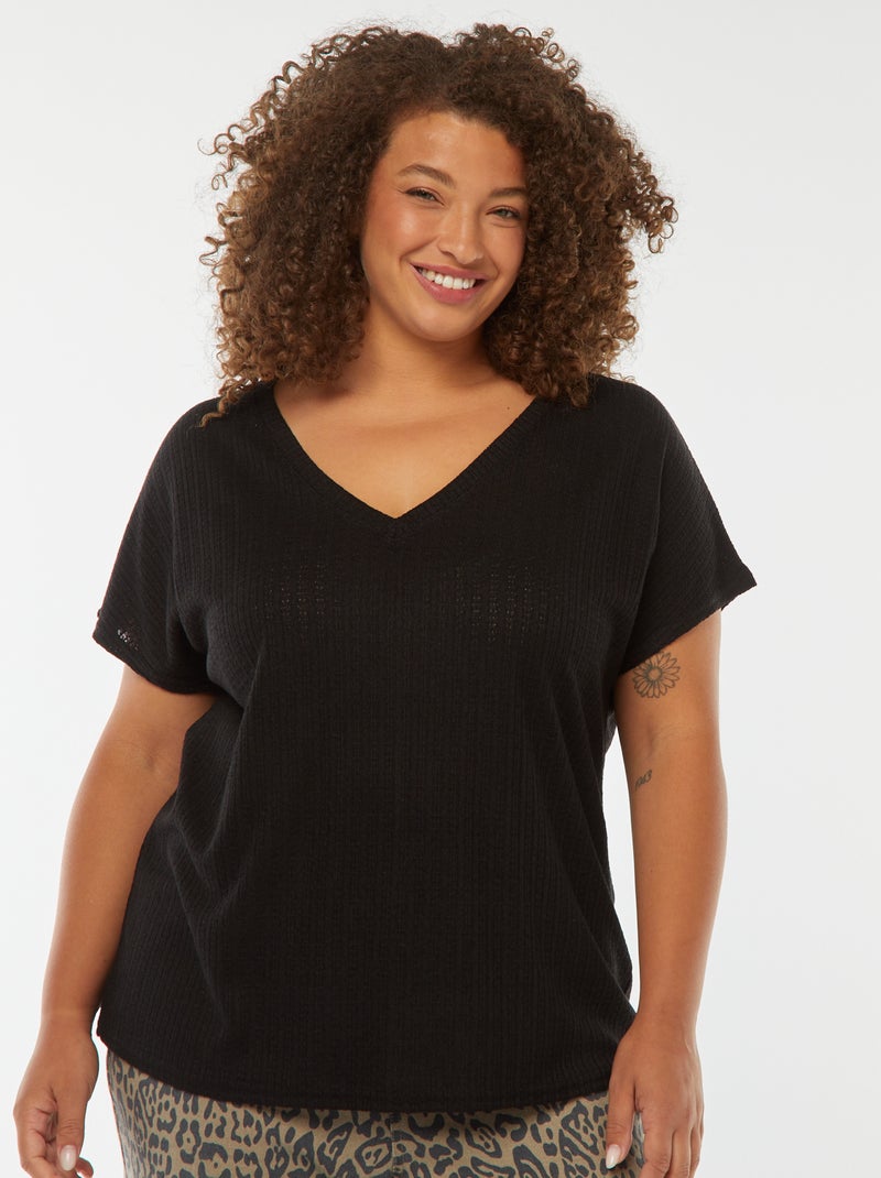 T-shirt en maille gaufrée et ajourée à manches courtes noir - Kiabi