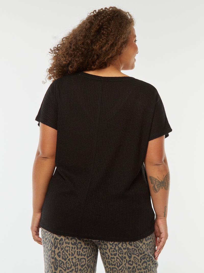T-shirt en maille gaufrée et ajourée à manches courtes Noir - Kiabi