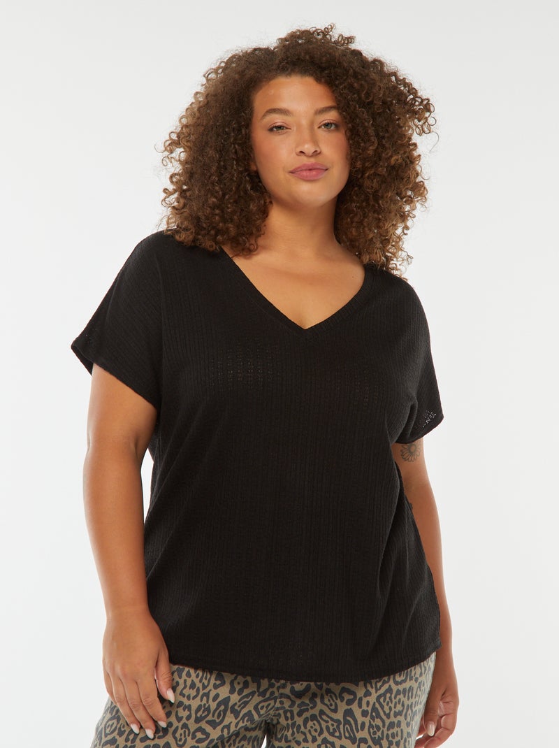 T-shirt en maille gaufrée et ajourée à manches courtes Noir - Kiabi