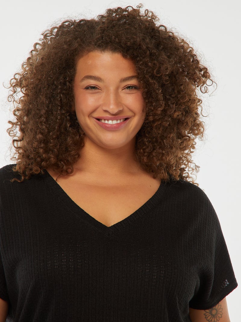 T-shirt en maille gaufrée et ajourée à manches courtes Noir - Kiabi