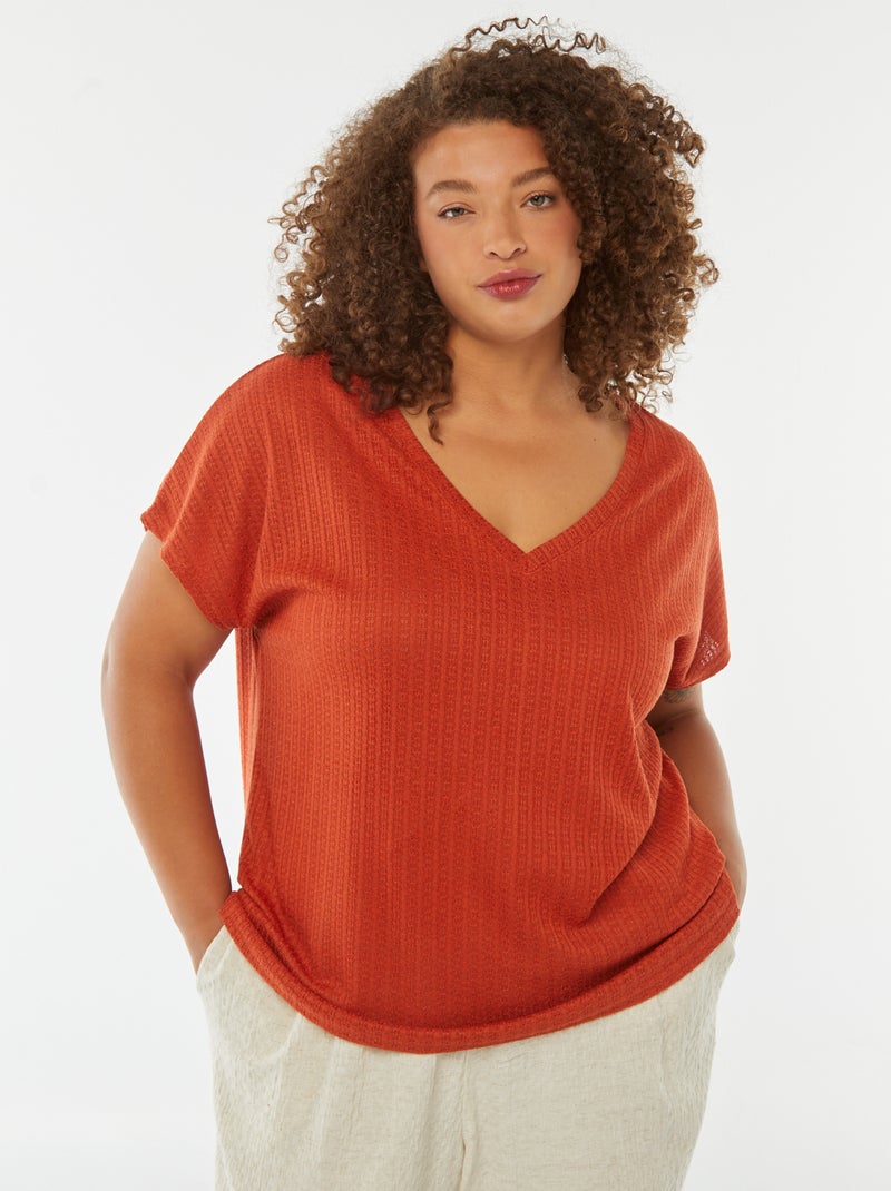 T-shirt en maille gaufrée et ajourée à manches courtes Rouge - Kiabi