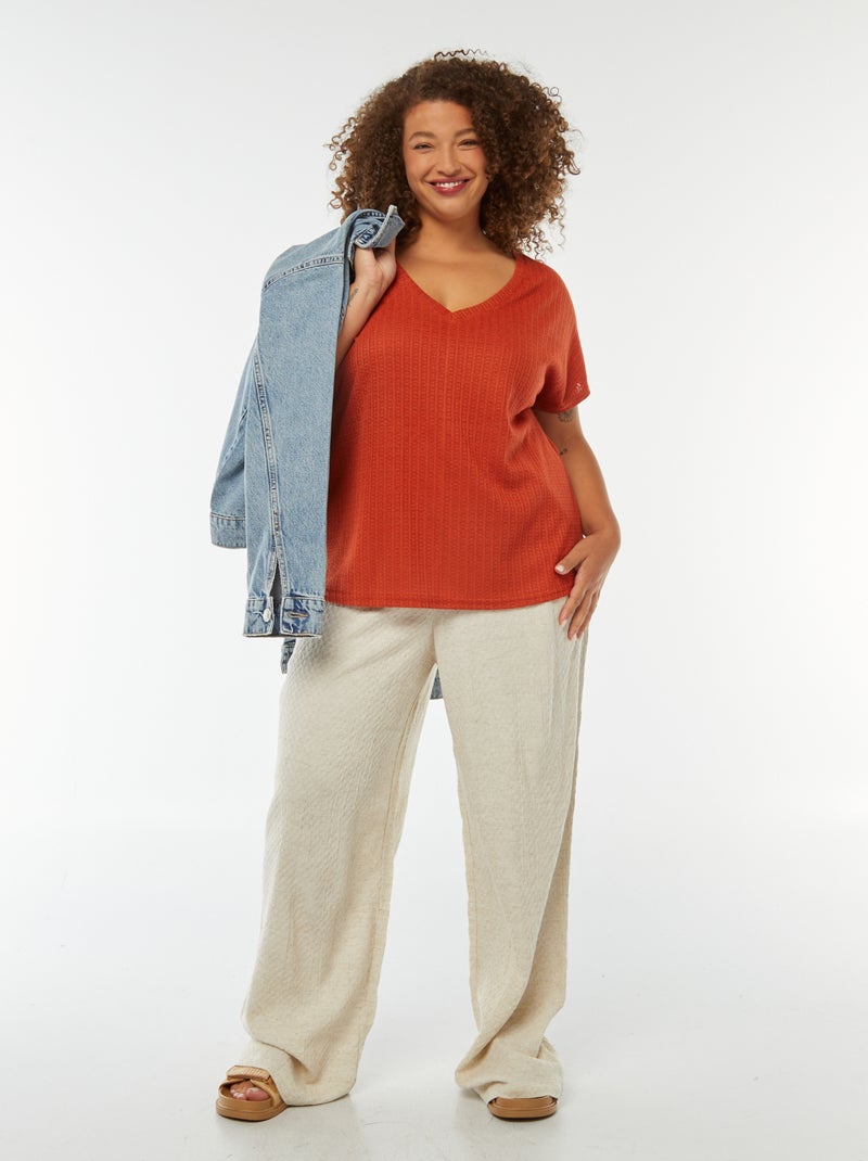 T-shirt en maille gaufrée et ajourée à manches courtes Rouge - Kiabi