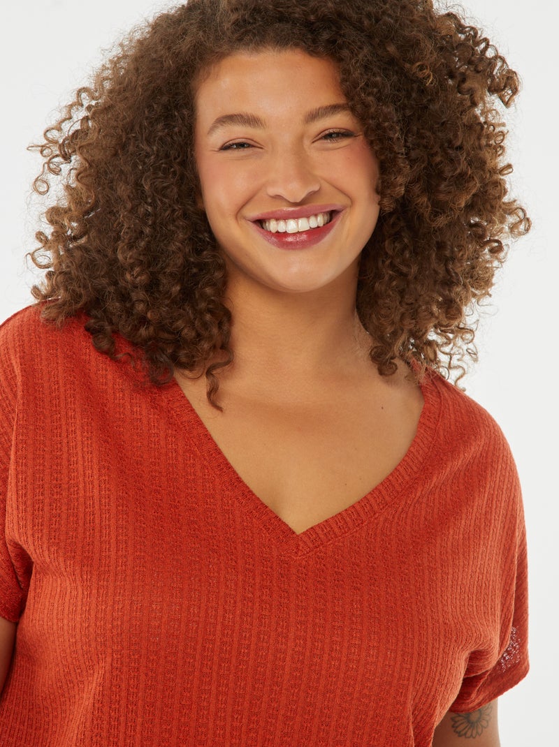 T-shirt en maille gaufrée et ajourée à manches courtes Rouge - Kiabi