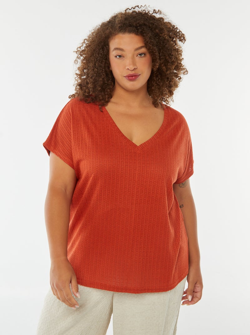 T-shirt en maille gaufrée et ajourée à manches courtes Rouge - Kiabi