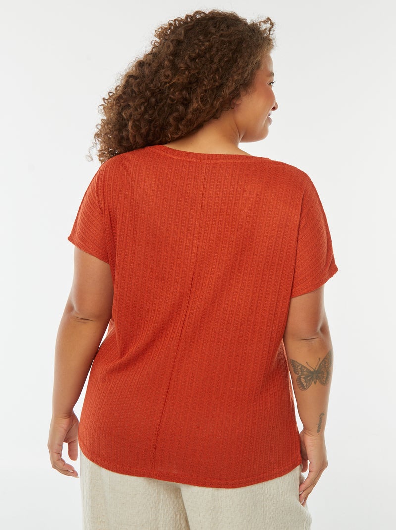 T-shirt en maille gaufrée et ajourée à manches courtes Rouge - Kiabi