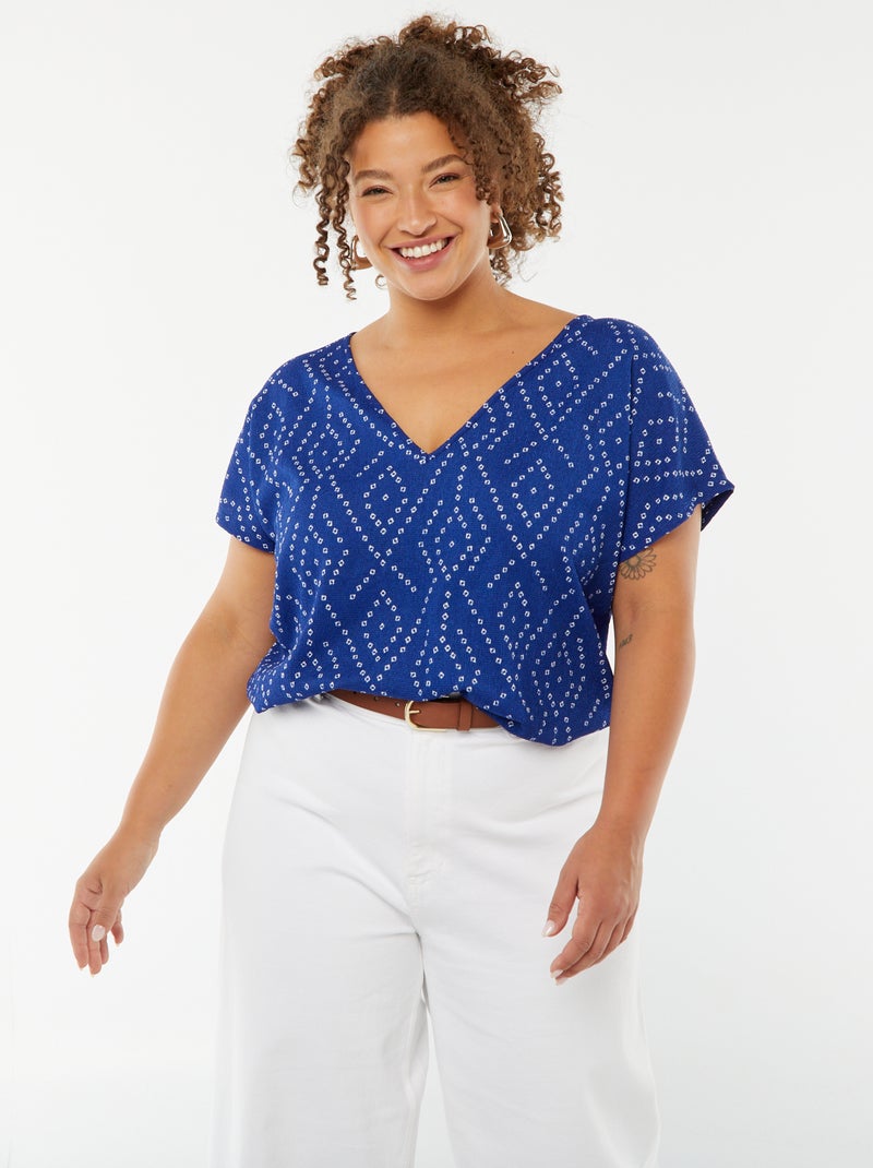 T-shirt en maille gaufrée manches courtes à motif Bleu - Kiabi