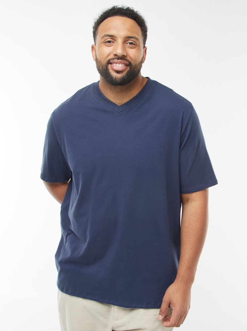 T-shirt en maille jersey manches courtes et col V Bleu - Kiabi