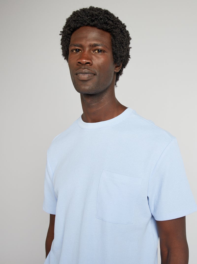 T-shirt en maille nid d'abeille uni avec poche Bleu - Kiabi