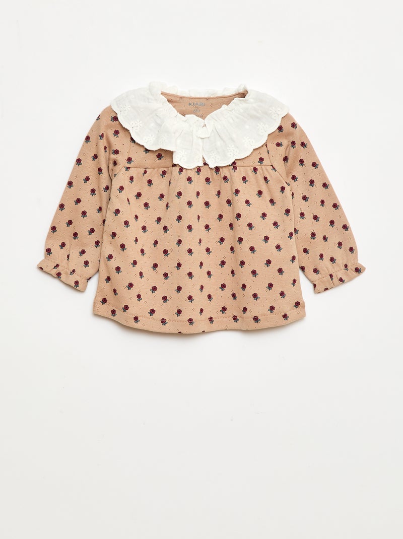 T-shirt en maille pointelle avec col brodé Beige - Kiabi