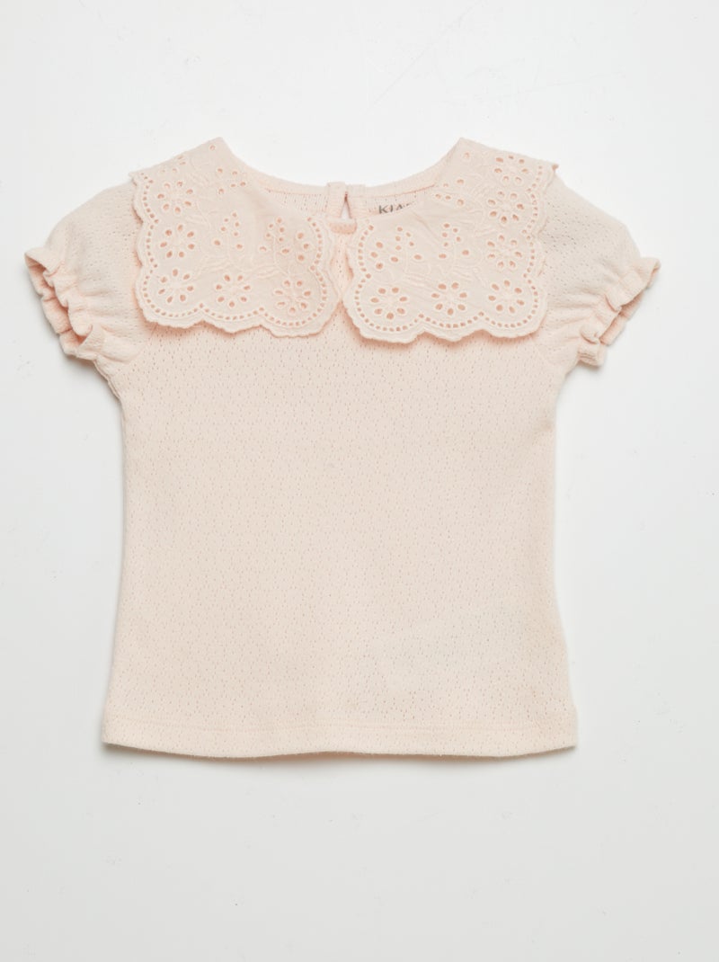 T-shirt en maille pointelle avec col claudine Rose - Kiabi