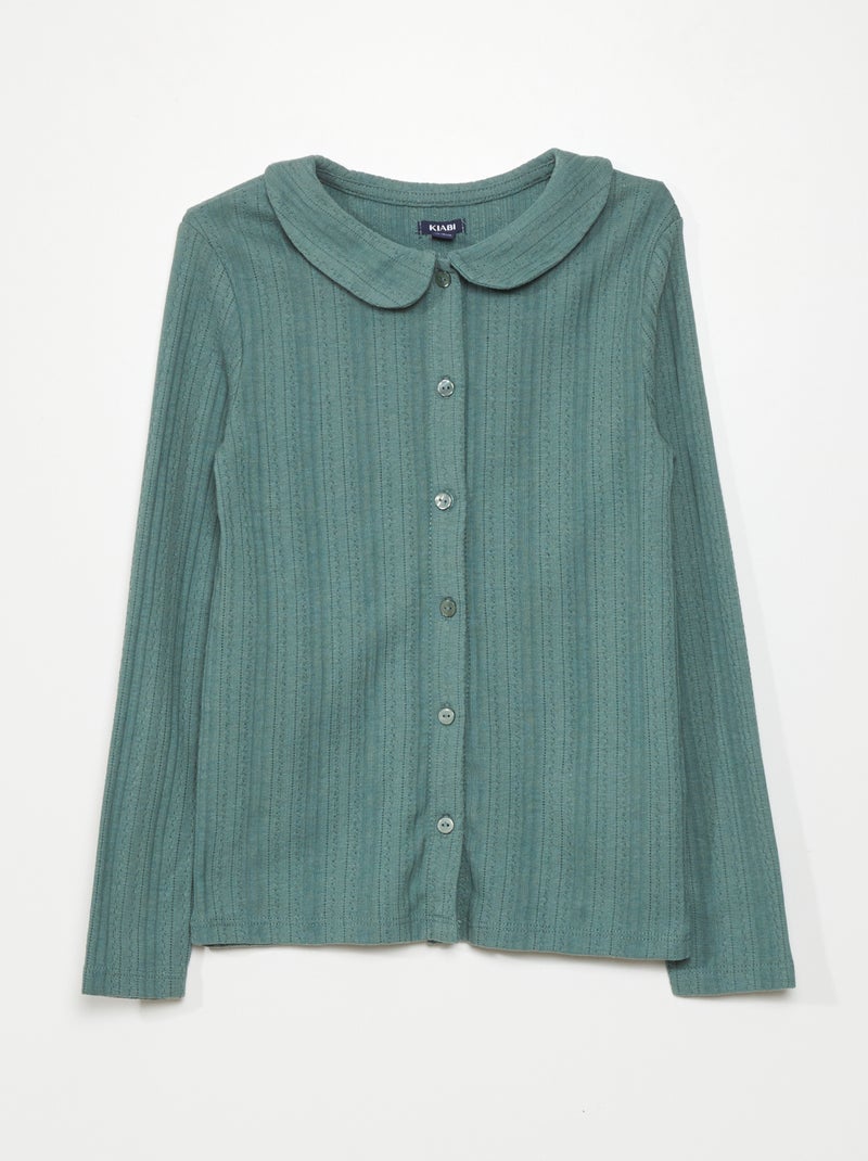T-shirt en maille pointelle boutonnée vert grisé - Kiabi