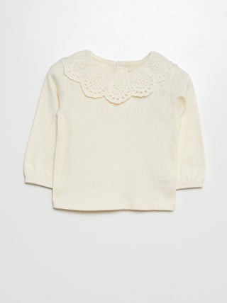 T-shirt en maille pointelle col claudine en broderie anglaise