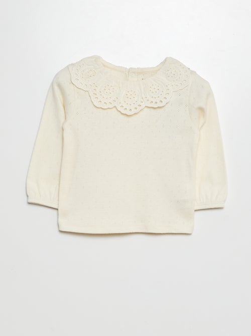 T-shirt en maille pointelle col claudine en broderie anglaise - Kiabi